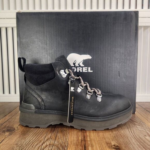 Sorel Hi-Line Hiker Womens Sz 7 Black Leater Waterproof Hiking Boots NL4878-010 - Picture 1 of 11
